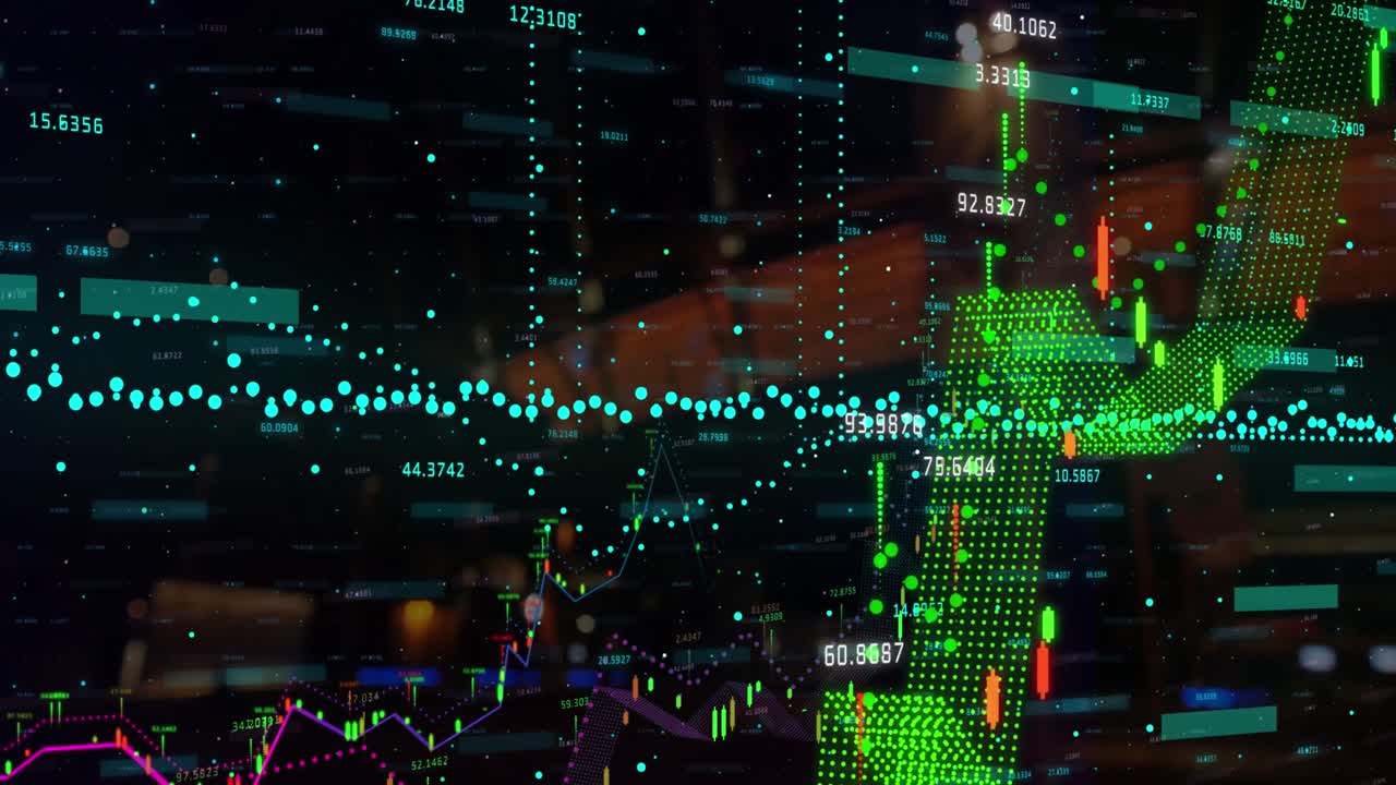 Animation of financial data processing over cityscape