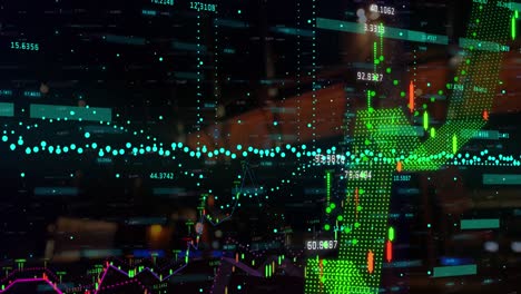 animación del procesamiento de datos financieros sobre el paisaje urbano