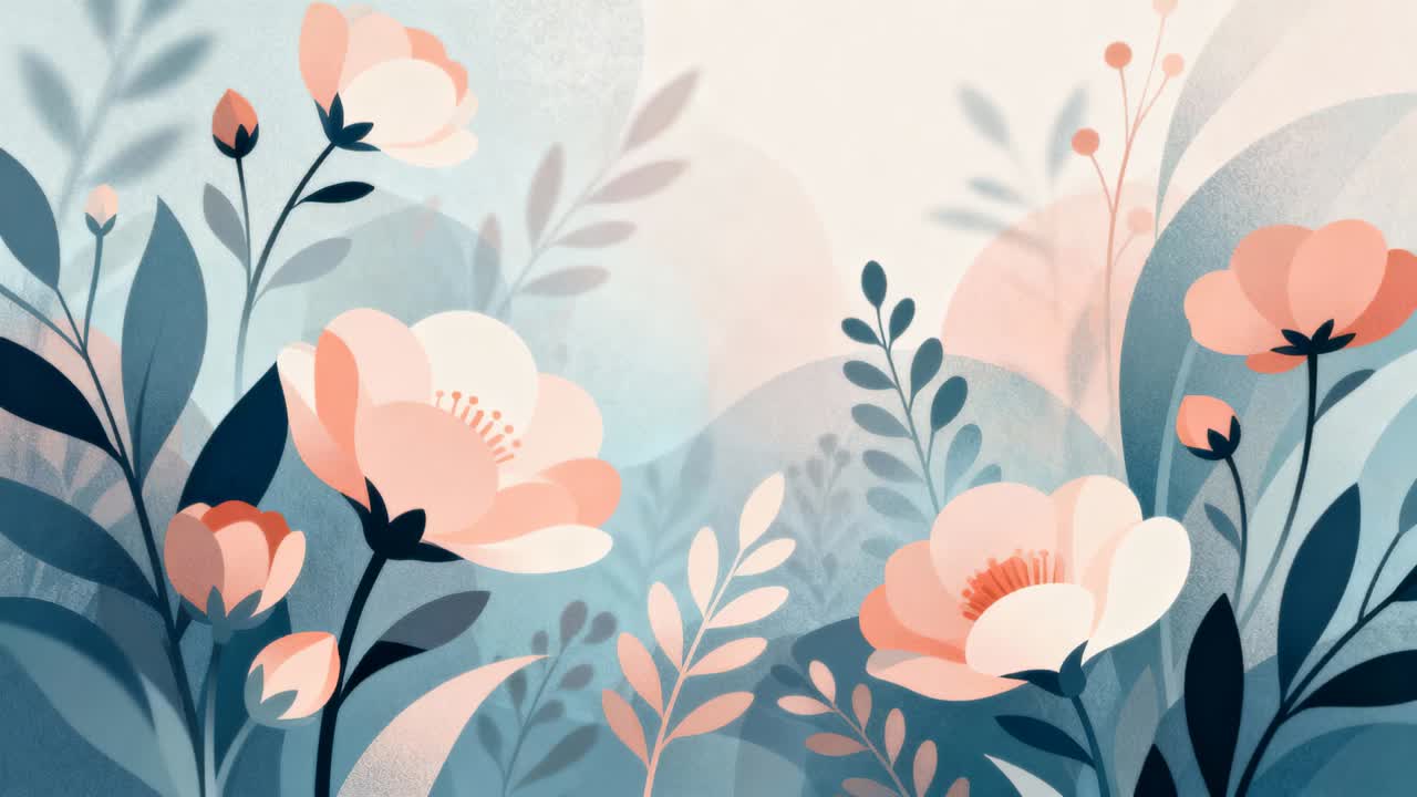 Spostamento dopo una leggera inclinazione laterale, con un gruppo di fiori di pesco che ondeggia nell'arte botanica, creando profondità.