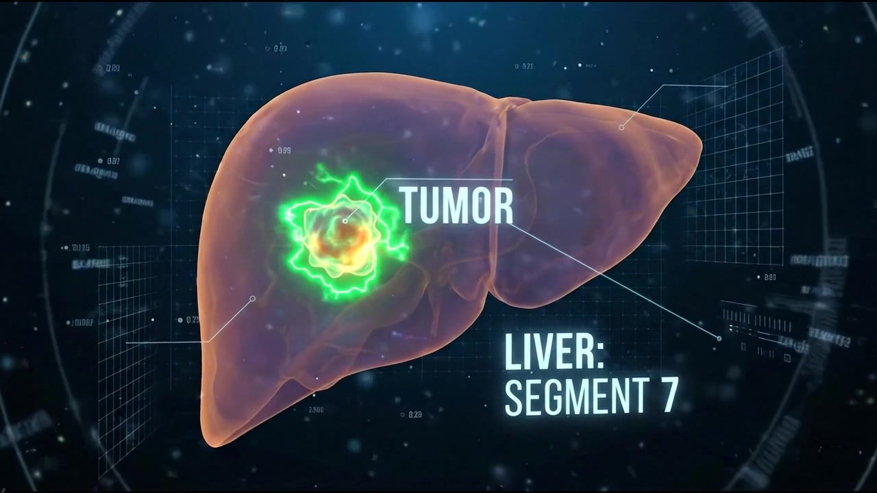Transparente Leber mit grünem Fokus-Highlight auf dunklem diagnostischem Informationsbildschirm