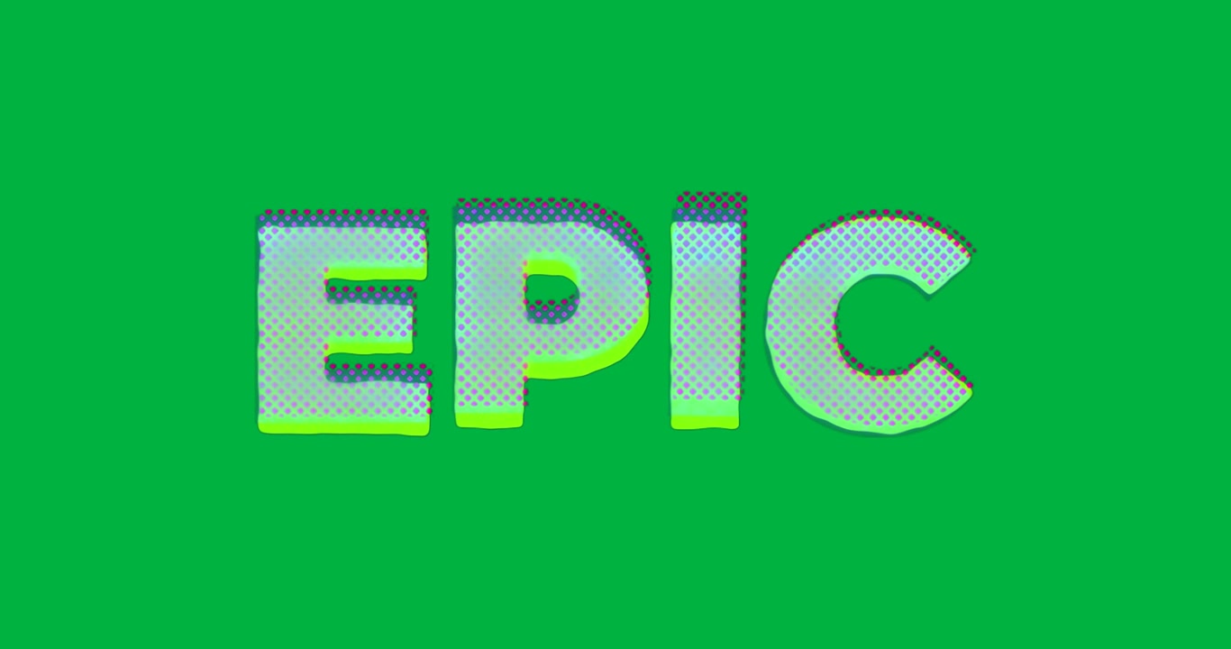 Testo stilizzato "EPIC" con riempimento verde neon, punti a mezzatinta rosa su tela trasparente per il marketing