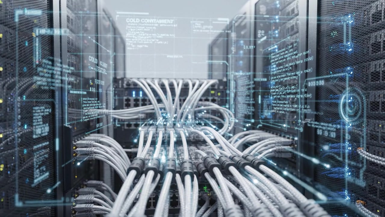 Intricate Server Infrastructure with Cables and Data Visualization Highlighting Connectivity in a Modern Data Center Environment