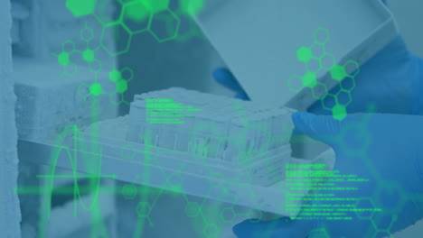 scientific data processing animation over gloved hands handling laboratory samples