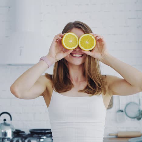 happy woman with orange eyes