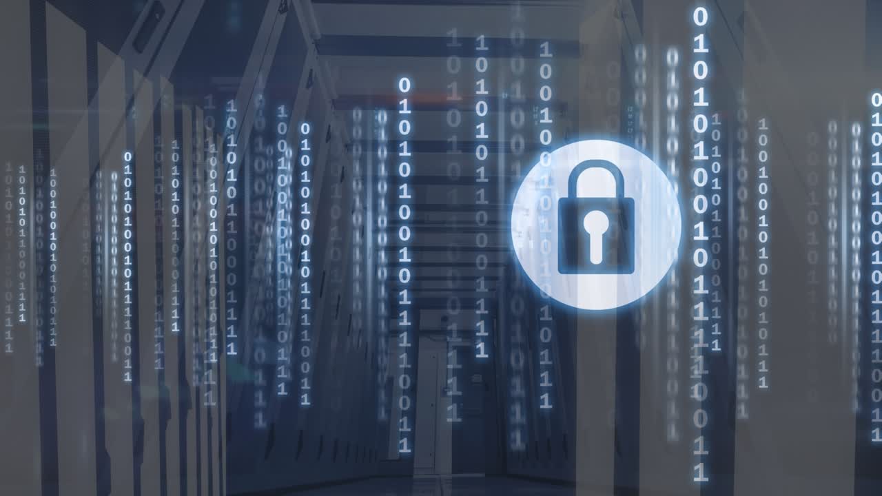 Animation of online security padlock icons and lights over dark background