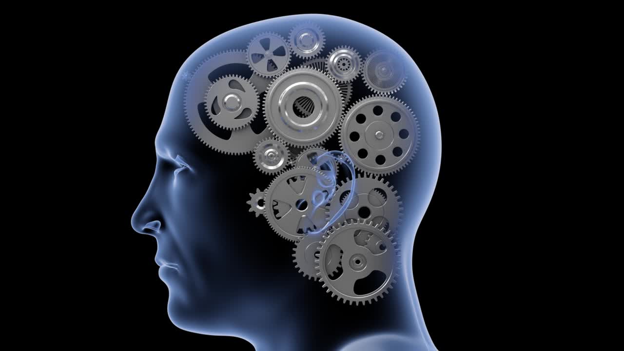 cabeza humana con engranajes. concepto de tecnología de negocios. animación 3d