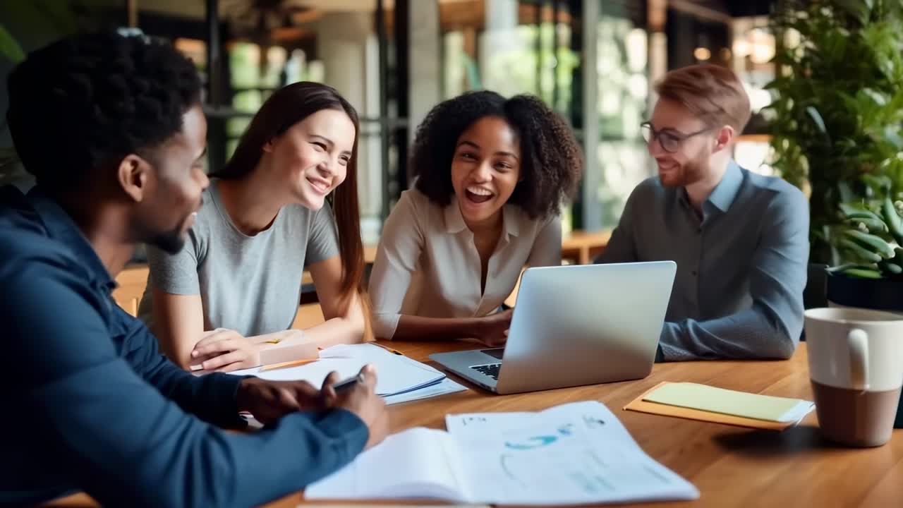 A group of diverse colleagues smiling around a laptop in a modern office