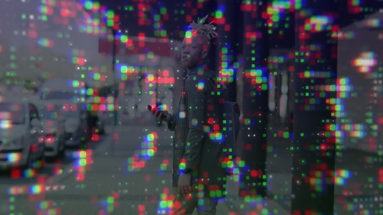 Man walking urban sidewalk holding smartphone, displaying colorful glitch overlay and tech graphics