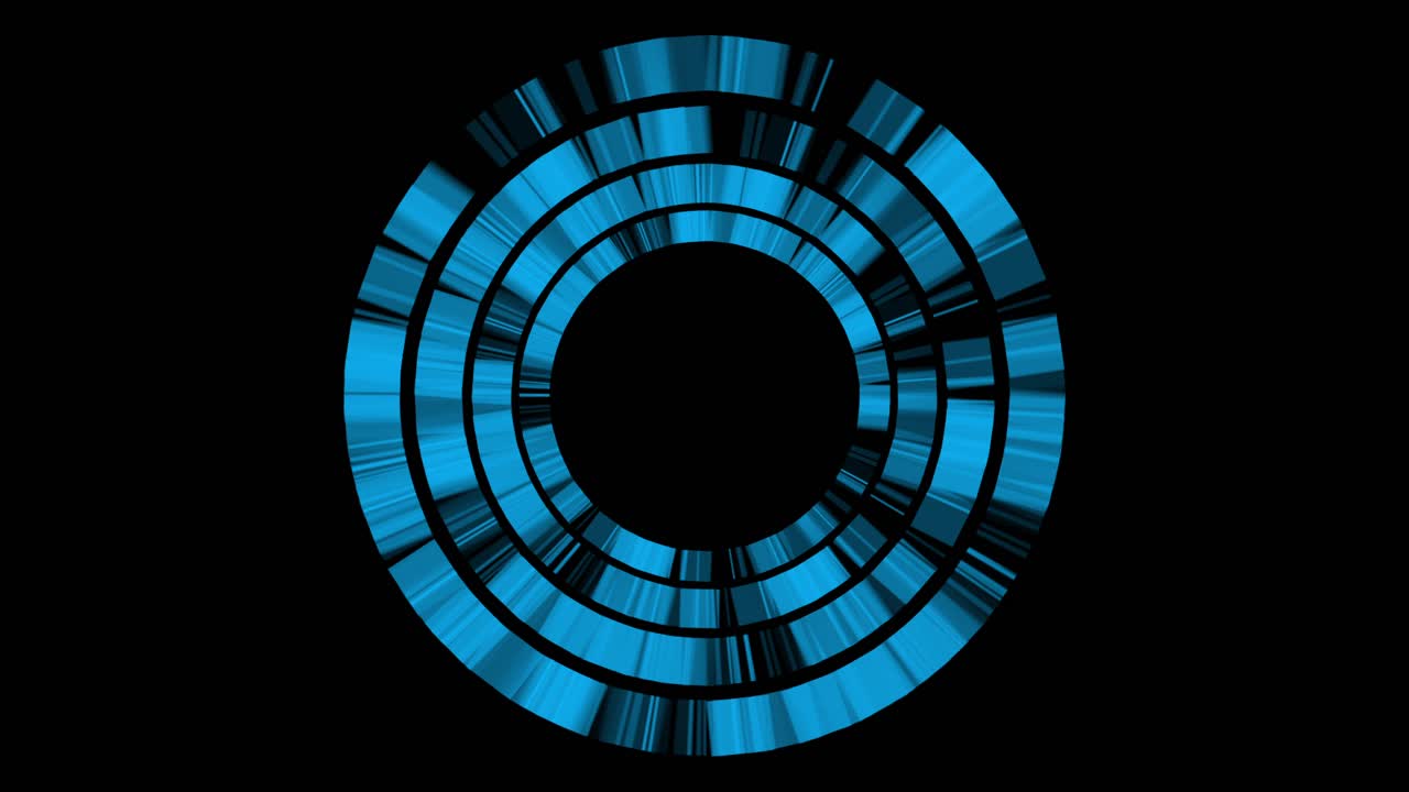 Blue particles with light streaks rotate and fly outwards, forming abstract vortex or tunnel on black background, tech or sci-fi concept