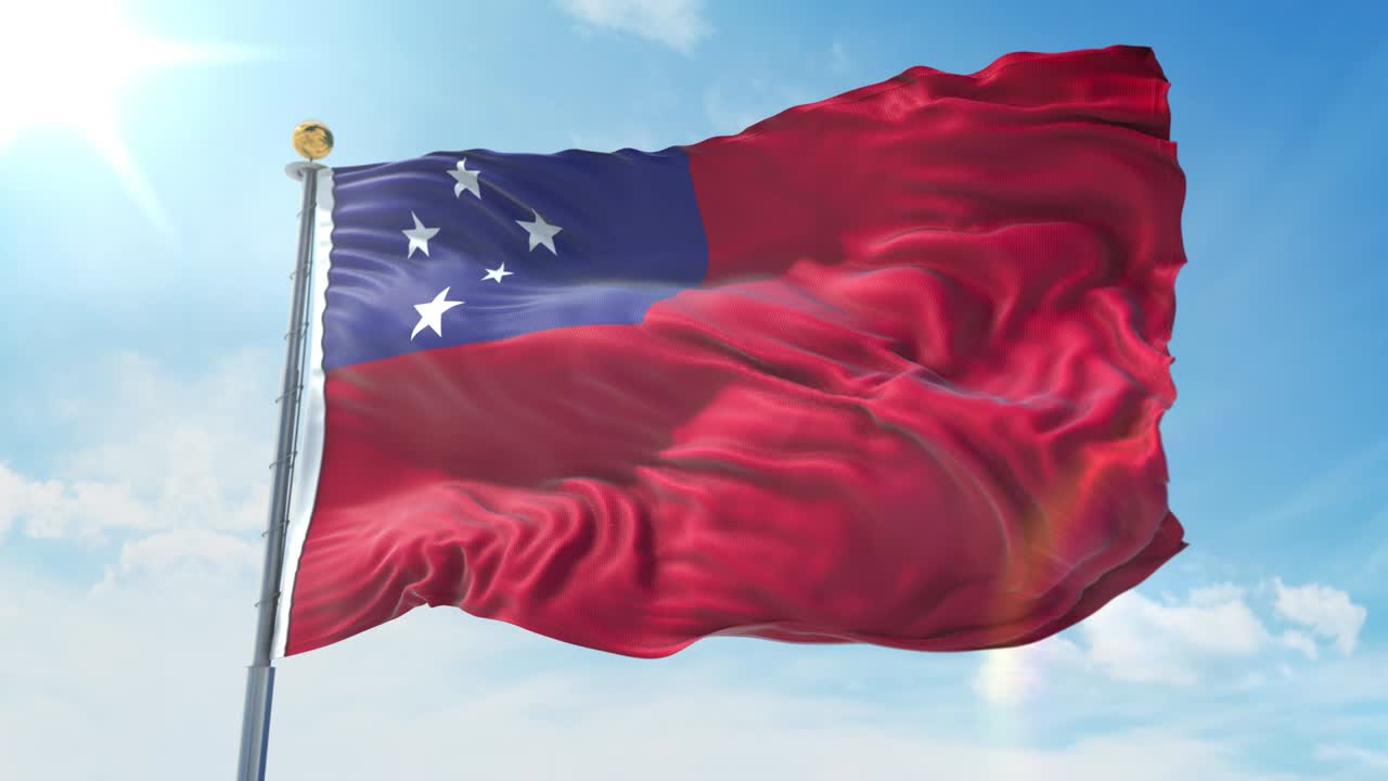 깊은 파란 하늘을 배경으로 바람에 흔들리는 사모아 발, 국가 테마, 국제 개념, 3d 렌더링, 시엄리스 루프, 4k