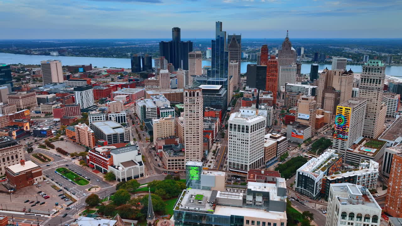 Detroit, USA, 28 July 2025: Downtown Detroit Skyline with Prominent Historic and Modern Towers. An elevated view captures the core of downtown Detroit