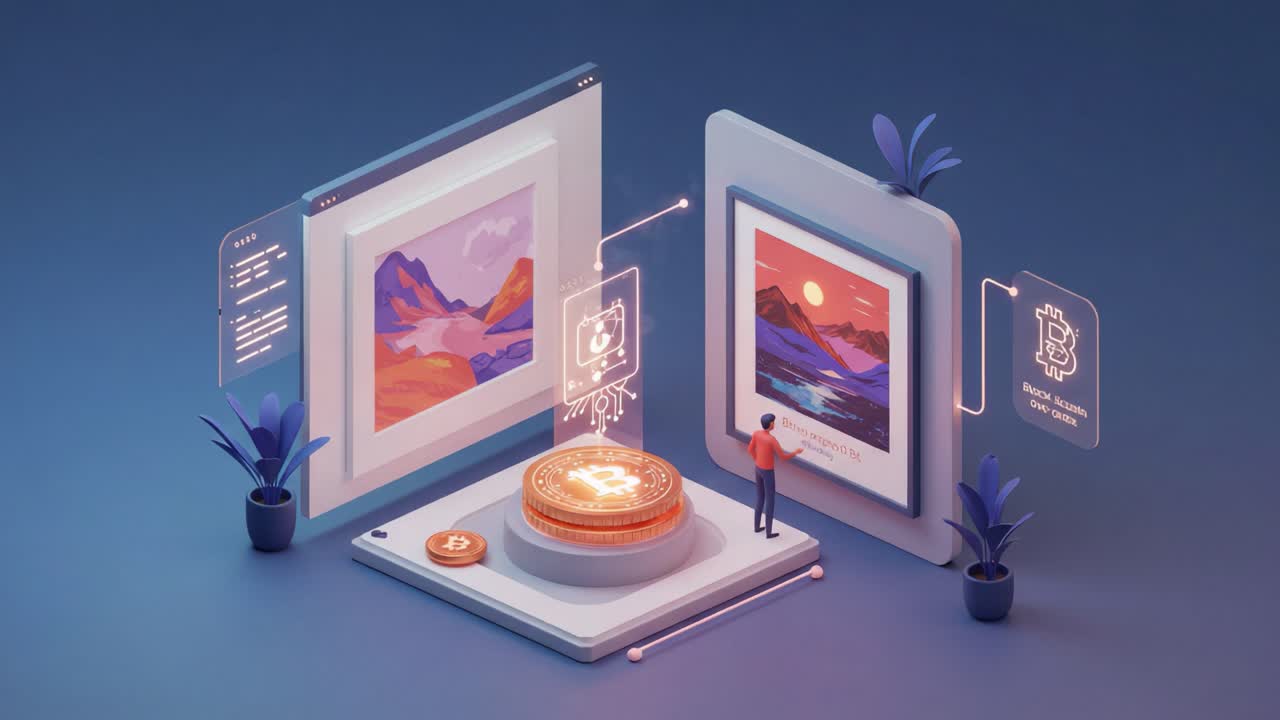A Digital Artist Interacts with NFT Artwork: Exploring Cryptocurrency Value and Virtual Art Platforms in a Futuristic Space