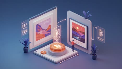 a digital artist interacts with nft artwork: exploring cryptocurrency value and virtual art platforms in a futuristic space