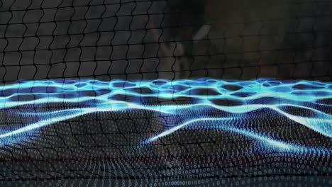 data analyst monitoring mesh network, displaying neon waveforms and cascading binary code