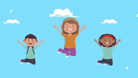 estudiantes interraciales niños saltando personajes