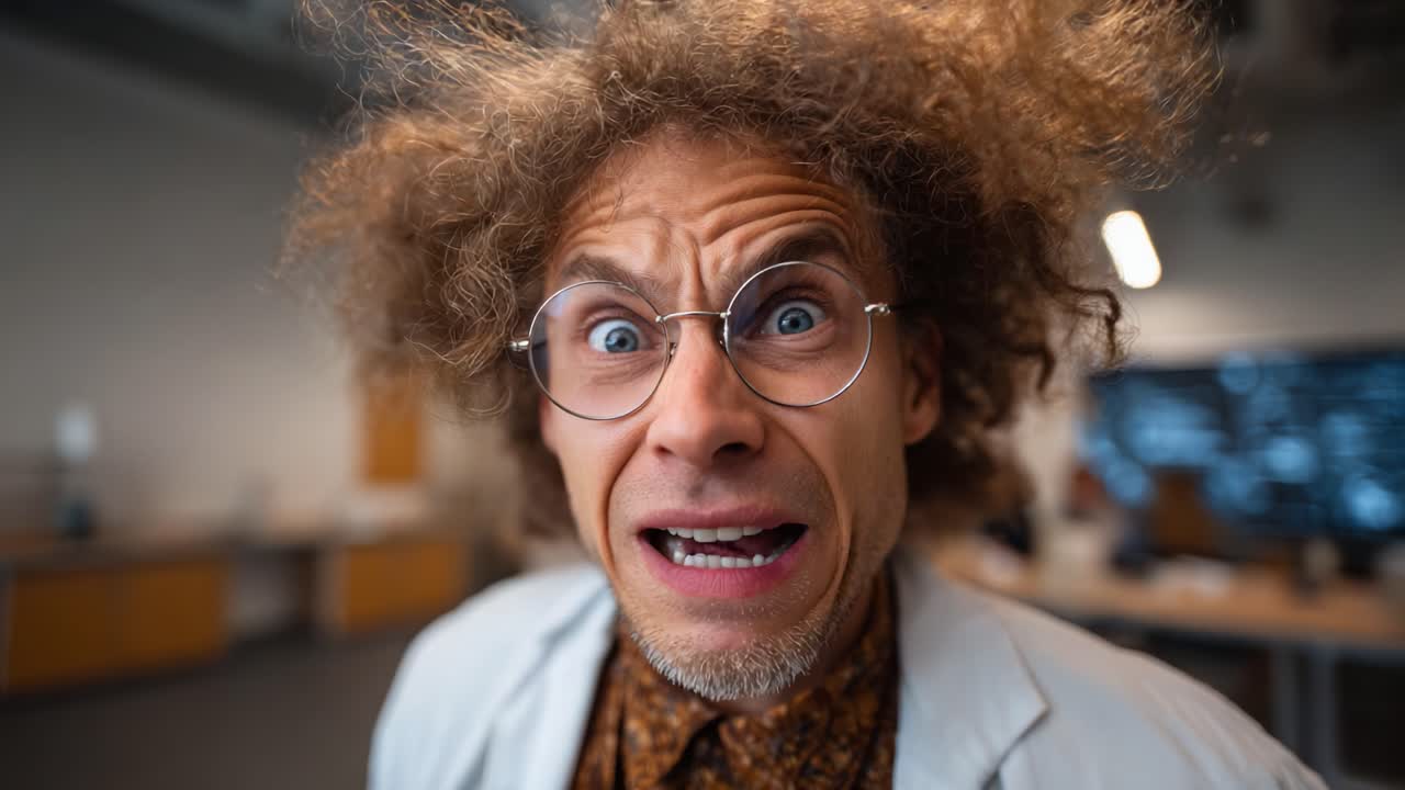 Uno scienziato turbato con capelli e occhiali scompigliati esprime shock e sorpresa in un ambiente d'ufficio, catturando un momento di forte emozione e intensità
