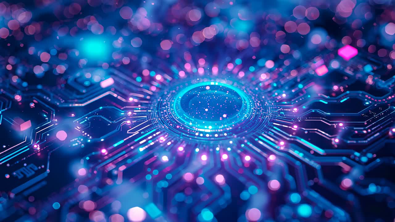 Starting steady cyan glow, central core cycling neon traces in circuit board, conveying data flow