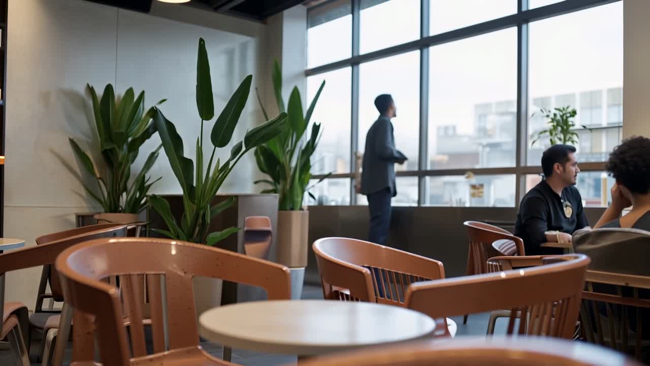 La telecamera si allontana rivelando una sedia a chiazze in un caffè mentre gli uomini parlano e un uomo in giacca e cravatta guarda fuori dalla finestra