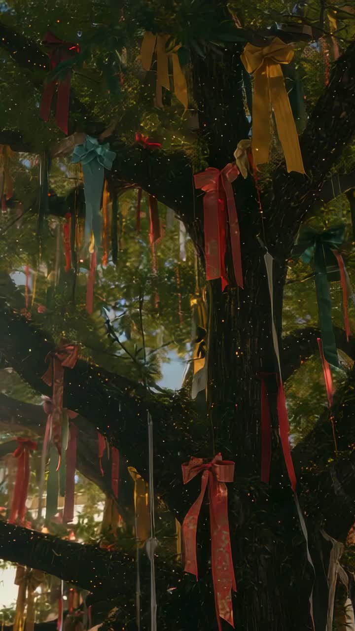 Vertical video: Camera starting panning over tree trunk in garden revealing lights, ribbons, bows