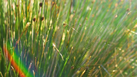 Spinnennetz-Im-Schilfbusch,-Der-Sich-Im-Wind-Bewegt,-Früher-Morgen,-Kontrast,-Blendenfleck