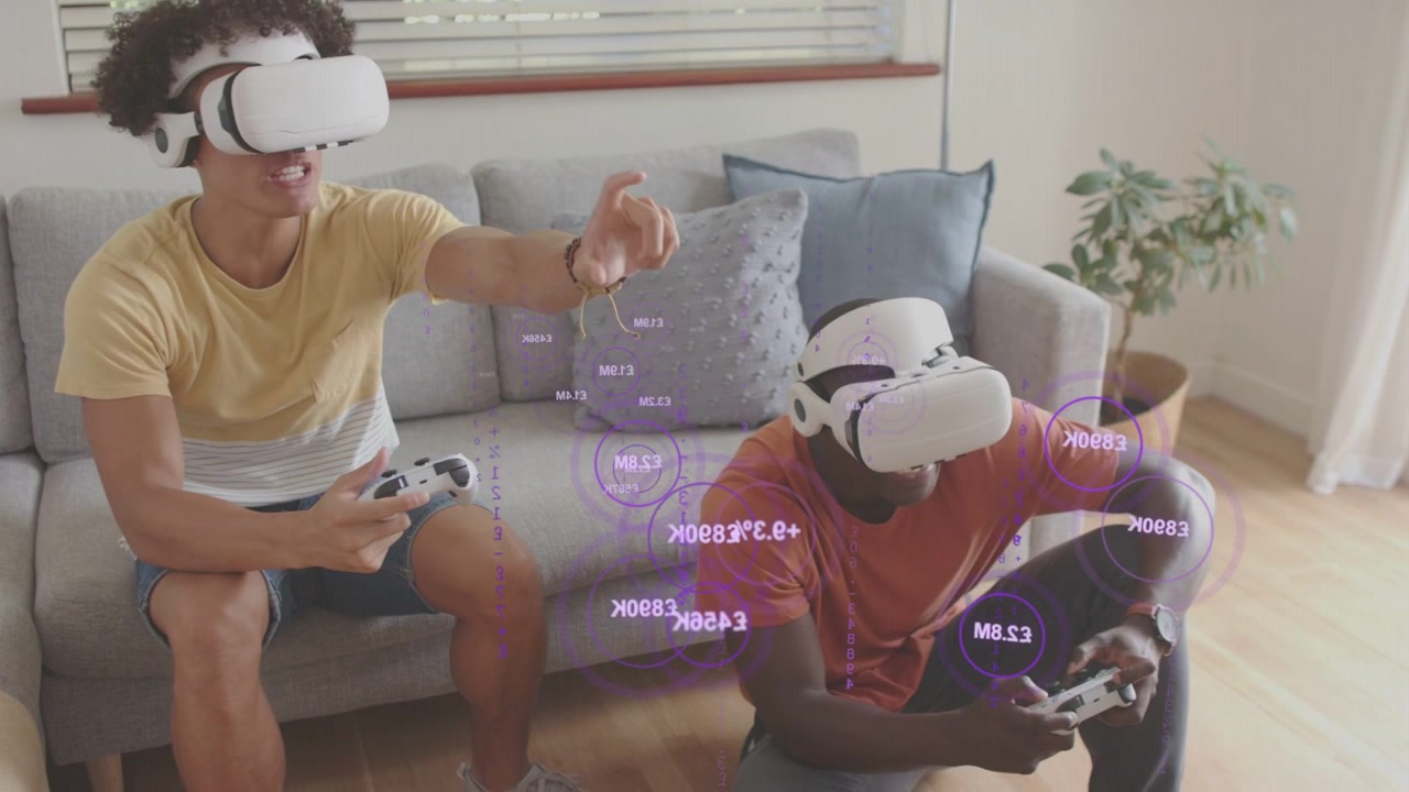Due giocatori con visori VR che premono i controller e manipolano etichette UI numeriche viola mentre giocano