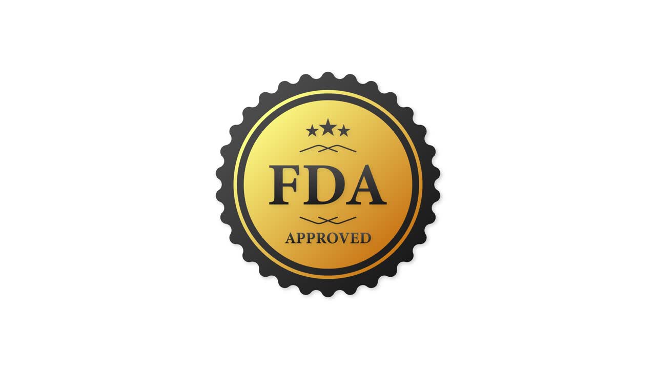 FDA approved gold rubber stamp on white background. Realistic object. Motion graphics.