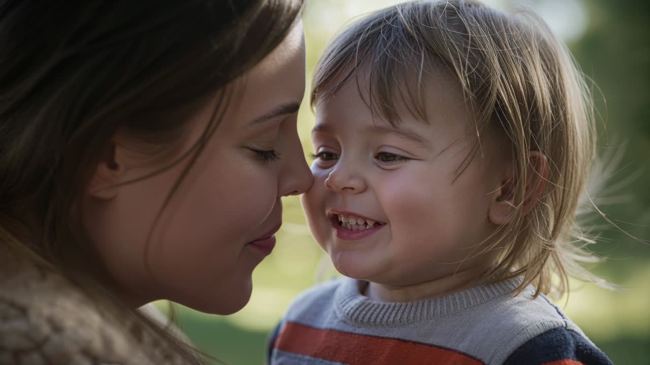 Video verticale: Genitore che si china per un tocco di naso con il bambino piccolo, condividendo sorrisi familiari al parco.
