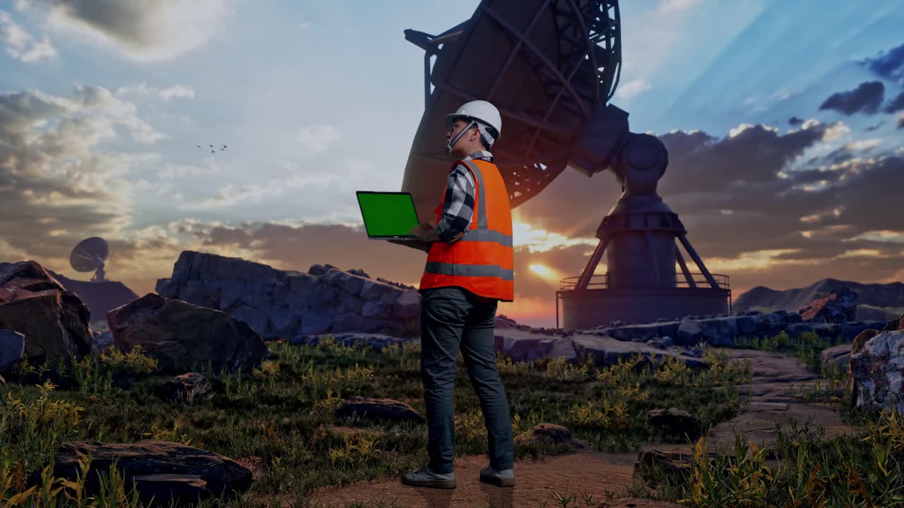 Full Body Back View Of Asian Male Engineer With Safety Helmet Working On A Green Screen Laptop And Looking Around While Standing With Large Satellite Dish