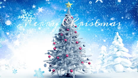 animation of snowflakes over merry christmas text, decorated christmas tree on abstract background