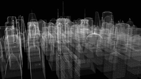 Futuristic-3d-rendering-of-rotating-holographic-city-digitally-generated-image-virtual-reality-matrix-particles-simulation-in-cyber-space-background-environment-for-head-up-display-screen