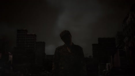 asian male soldier shaking his head while standing in the midst of a ruined city after a war