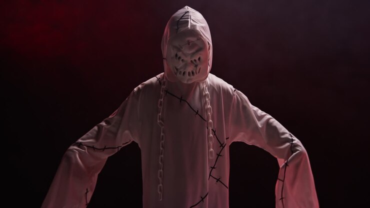Child Dressed Up In Ghost Zombie Monster Costume Trick Or Treating At Halloween Scaring People Against Red Smoke Background 7