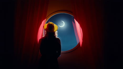 silhouette of woman in hat gazing at crescent moon through round window