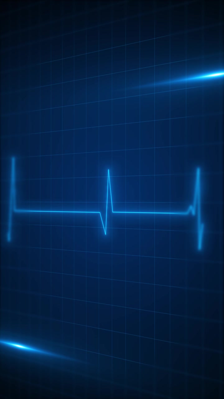 Pantalla brillante de monitor de pulso cardíaco, forma de onda de ECG azul, cuadrícula oscura, interfaz médica limpia, salud