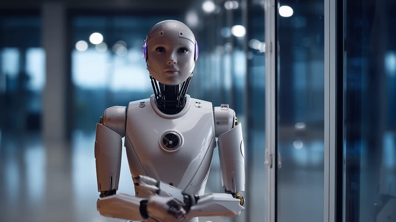Robotic figure stands in quiet contemplation. Its head glows softly, signaling thought or alertness. The robot's arms cross, suggesting calm readiness
