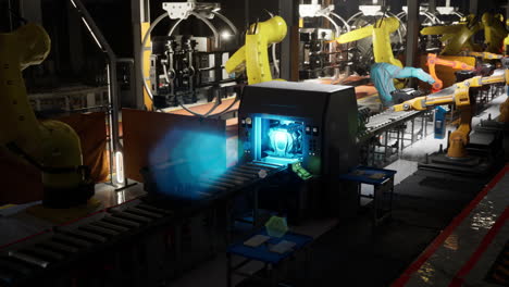 automated conveyor belt with robotic arms in a factory operating at night