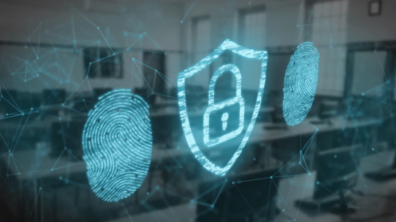 escáner de huellas dactilares y icono de candado de seguridad a través de la red de conexiones contra la oficina vacía