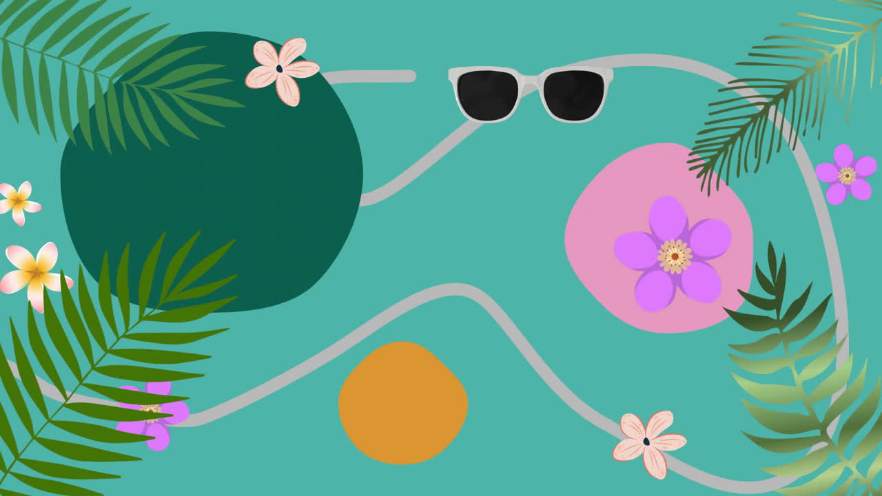animación de hojas y gafas de sol sobre un patrón vibrante abstracto