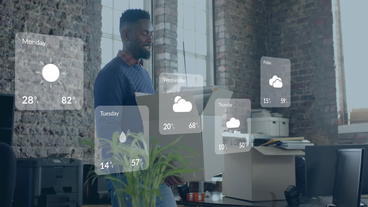 Animation of weather data over happy african american businessman in office