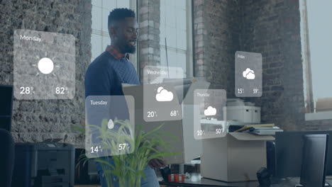 animation of weather data over happy african american businessman in office