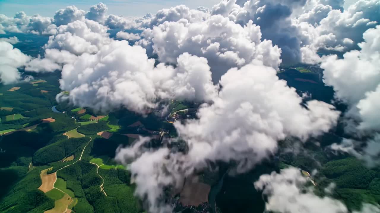 Uçan dron kamera, yamalı tarlaların üzerinde ortalanmış bir kümülüs bulut kümesine yaklaşırken bir nehri gözler önüne seriyor.