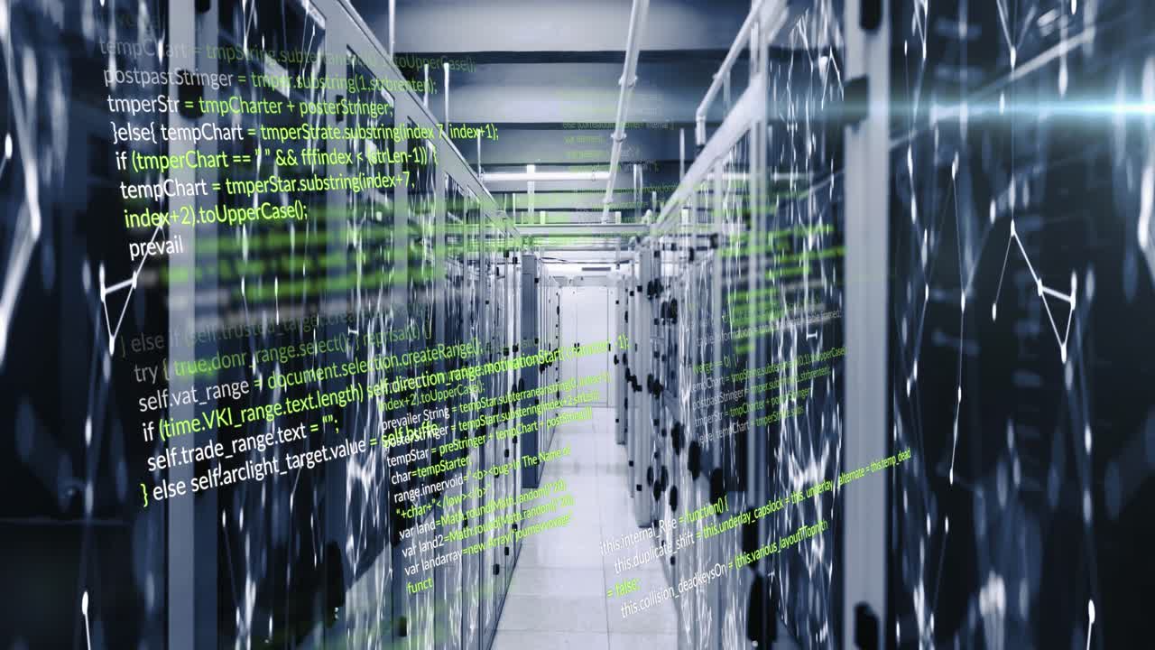 Animation of programming languages and illuminated connected dots moving on data server systems