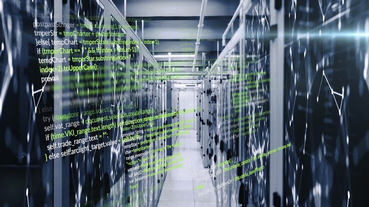 Animation of programming languages and illuminated connected dots moving on data server systems