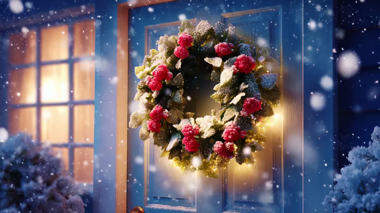 A Beautifully Decorated Holiday Wreath Adorned with Bright Red Berries and Snow-Covered Leaves, Illuminated by Gentle Lights and Framed by a Cozy Winter Scene in Front of a Warmly Lit Home