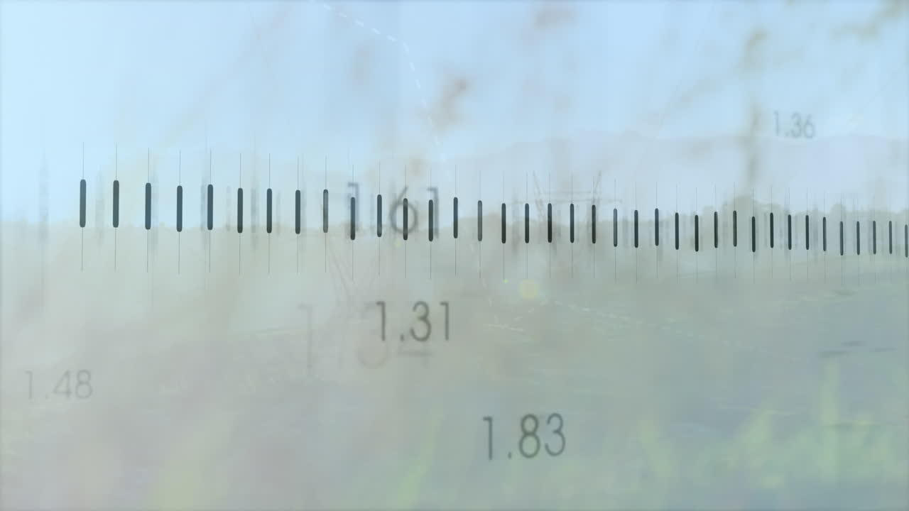 전기 기둥과 풍경 위의 금융 데이터 처리 애니메이션