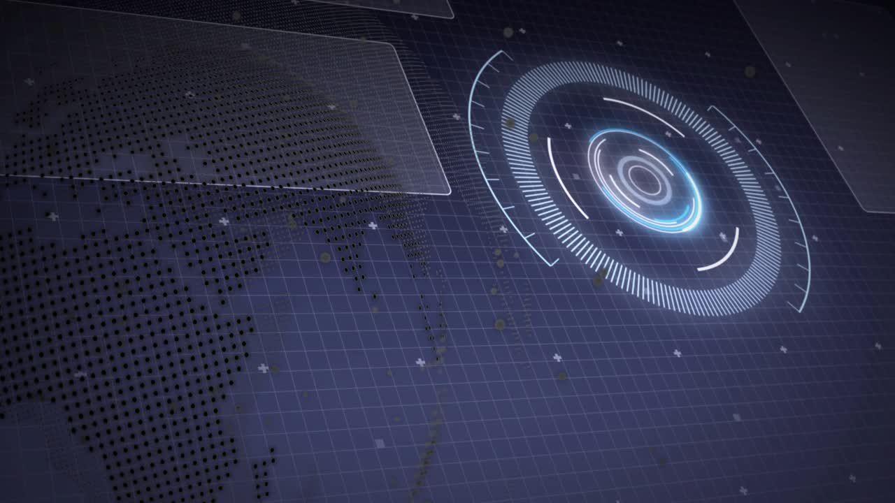 Data pulse starting HUD radar forming and rotating, traces linking chart and globe for data display