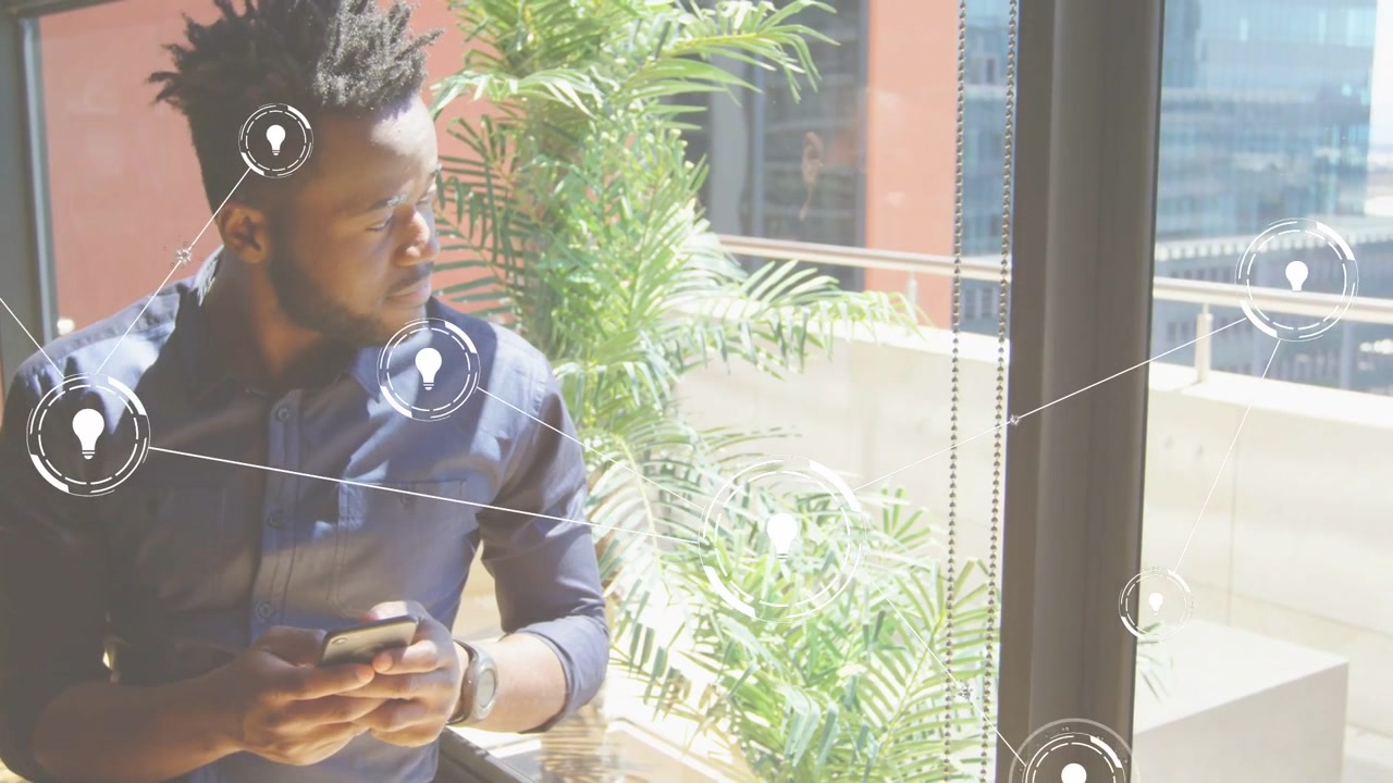 Man at window tapping phone, visualizing tech ideas as lightbulb network expanding, tracking gaze
