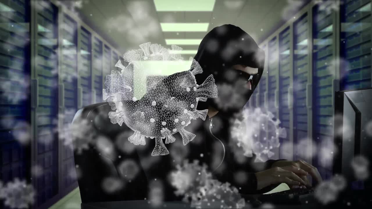Animation of a hacker hooded man in a data room over macro coronavirus COVID-19 cells floating