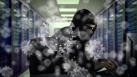 animation of a hacker hooded man in a data room over macro coronavirus covid-19 cells floating