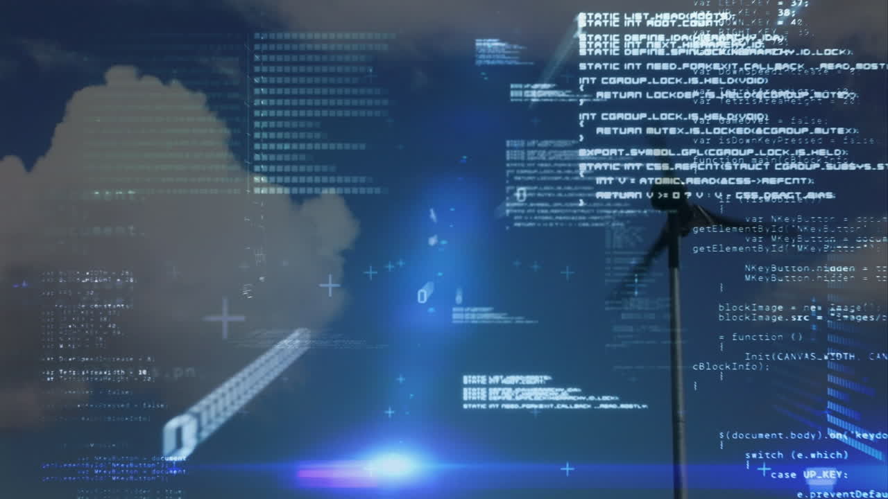 animazione dell'elaborazione dei dati e delle tracce luminose sopra le turbine eoliche e il cielo con le nuvole